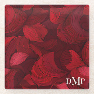 Monogrammed Dark Red Abstract Leaf Pattern Glass Coaster