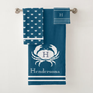 Monogrammed Dark Teal Blue White Crab Nautical Bath Towel Set