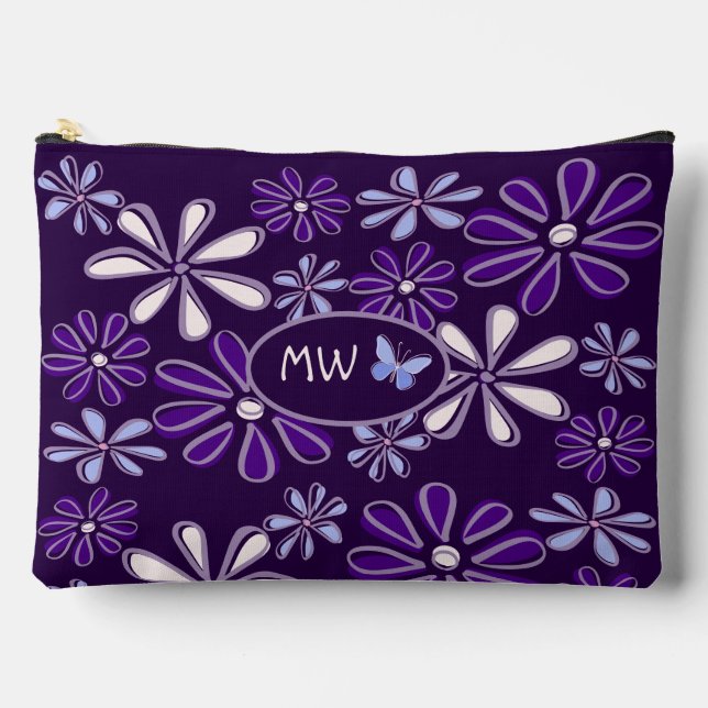 Monogrammed Dark Violet Flower Butterfly Doodle Accessory Pouch (Front)