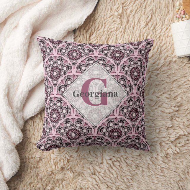 Monogrammed Deco Dusky Rose Cherry Blossom Mandala Cushion (Blanket)