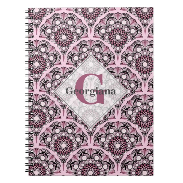 Monogrammed Deco Dusky Rose Cherry Blossom Mandala Notebook (Front)