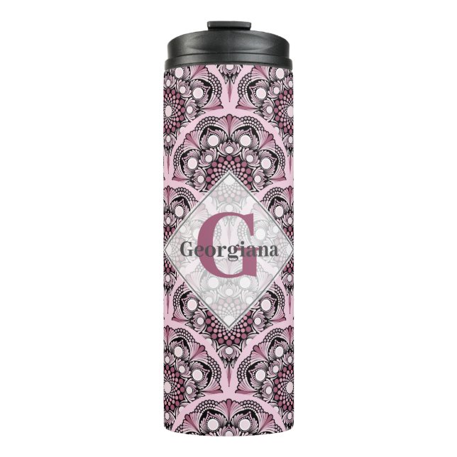 Monogrammed Deco Dusky Rose Cherry Blossom Mandala Thermal Tumbler (Front)