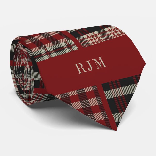 Monogrammed Deep Red Tartan Plaid Tie (Rolled)
