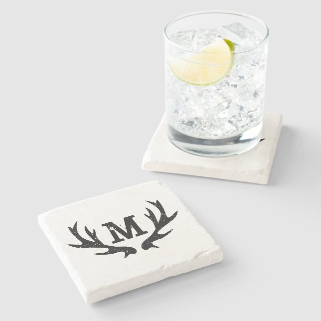 Monogrammed deer antlers marble stone coasters (Side)