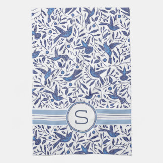 Monogrammed Delft Blue Birds & Leaf Pattern Tea Towel