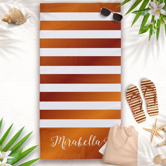 Monogrammed Desert Orange and White Stripes Beach Towel (Creator Uploaded)