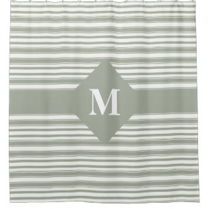 Monogrammed Desert Sage Green Grey Stripes Shower Curtain