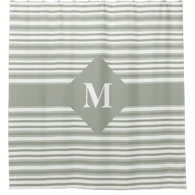 Monogrammed Desert Sage Green Grey Stripes Shower Curtain (Front)