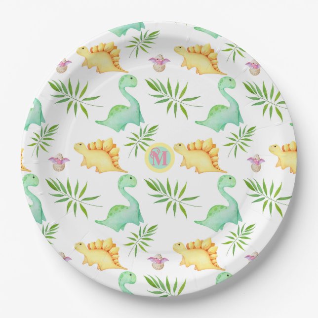 Monogrammed Dinosaur Birthday Party  Paper Plate (Front)