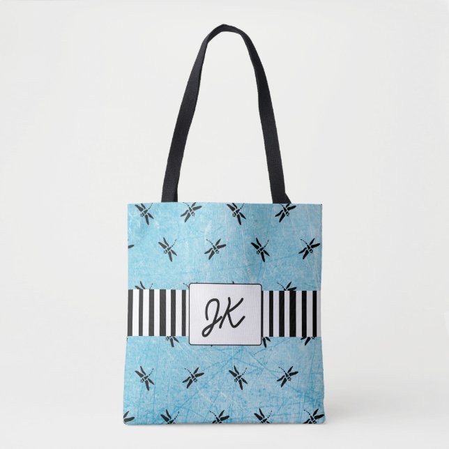 Monogrammed Dragonfly Black and Blue Tote Bag (Front)