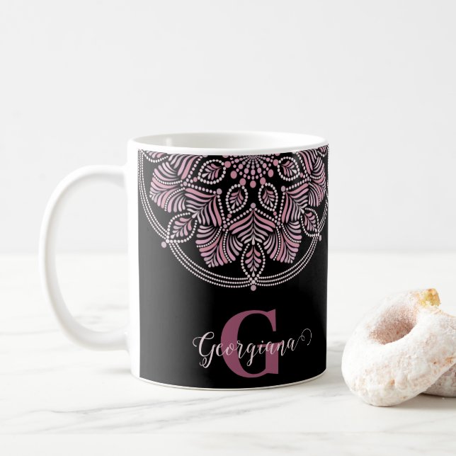 Monogrammed Dusky Rose Floral Fronds Dot Mandala Coffee Mug (With Donut)