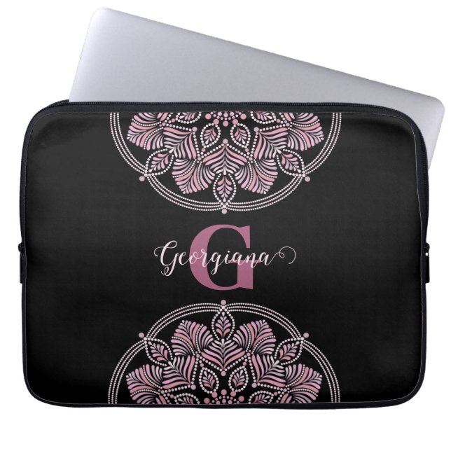 Monogrammed Dusky Rose Floral Fronds Dot Mandala Laptop Sleeve (Front)