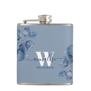 Monogrammed Dusty Blue Botanical Bridesmaid Hip Flask