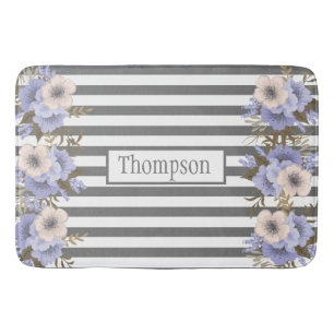 Monogrammed dusty blue matching flowers stripes   bath mat