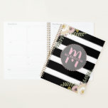Monogrammed Dusty Floral Stripes Planner<br><div class="desc">A teacher planner featuring a chevron circle monogram design at centre over a black and white stripe background with floral illustrations at top left and bottom right.</div>