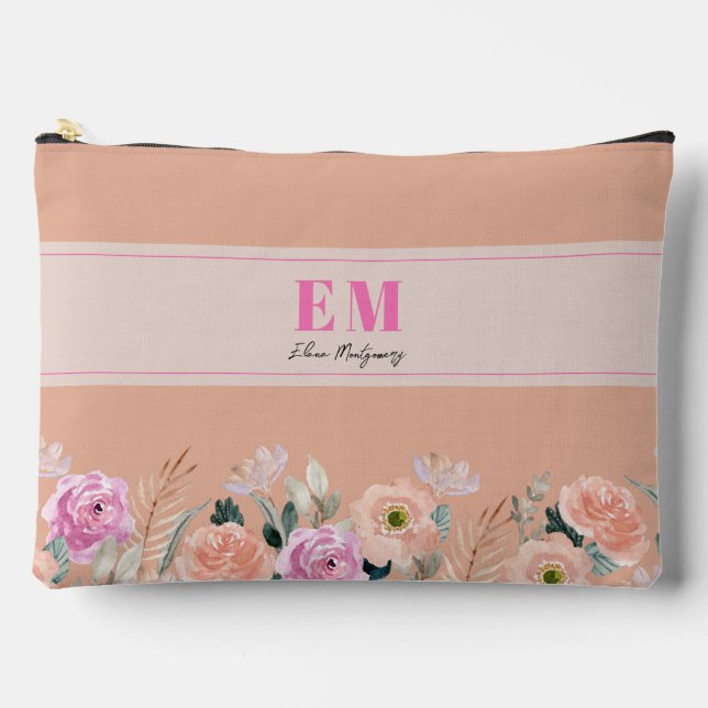 Monogrammed dusty pink floral  accessory pouch (Front)