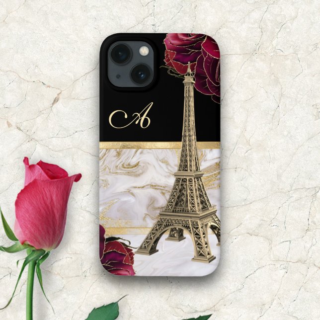Monogrammed Eiffel Tower Gold, Black Marble Rose Case-Mate iPhone Case (Creator Uploaded)