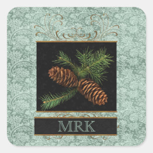 Monogrammed Elegance with Pine Cones Square Sticker