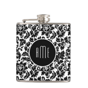 Monogrammed Elegant Black Floral Damasks Hip Flask