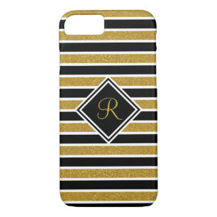 Monogrammed Elegant Black Gold Glitter Stripes iPhone 8/7 Case