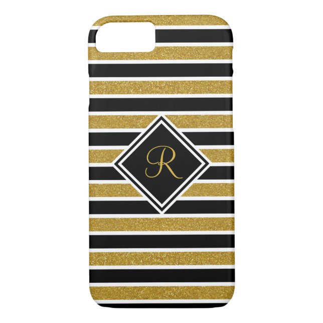 Monogrammed Elegant Black Gold Glitter Stripes Case-Mate iPhone Case (Back)