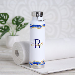 Monogrammed Elegant Blue Agate Marble Pattern Water Bottle