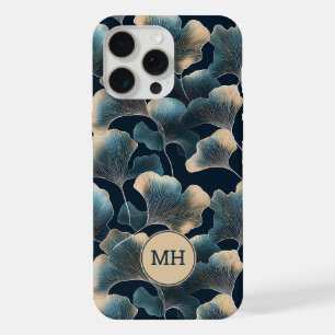 Monogrammed Elegant Blue Ginkgo Floral Pattern iPhone 15 Pro Max Case