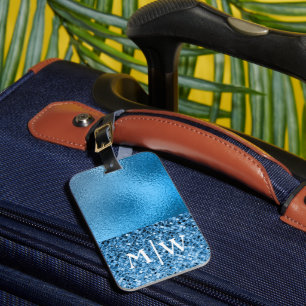 Monogrammed Elegant Blue Sparkle Glitter Luxury Luggage Tag