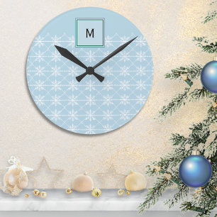 Monogrammed Elegant Blue Stylish Winter Snowflakes Round Clock