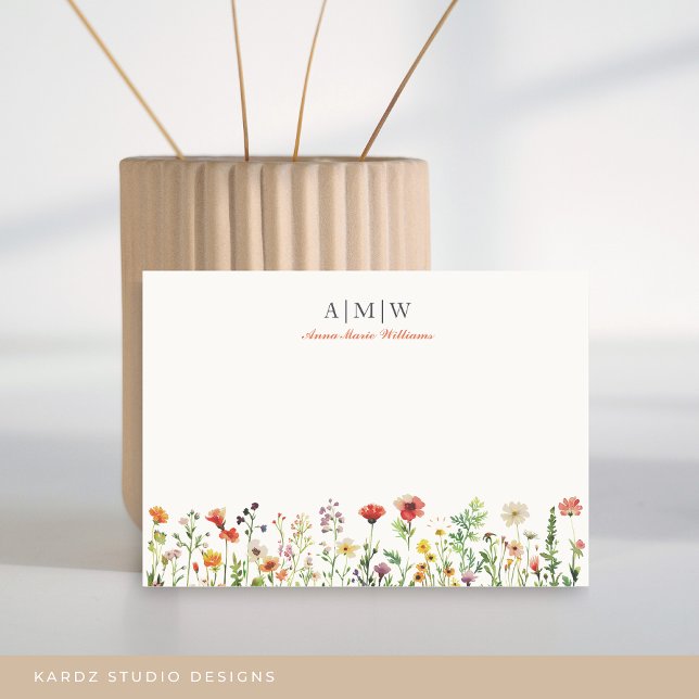Monogrammed Elegant Boho Chic Note Card (Card shown in 3.5 x 5 in. Choose size corner, style before check out. Card comes with off-white back)