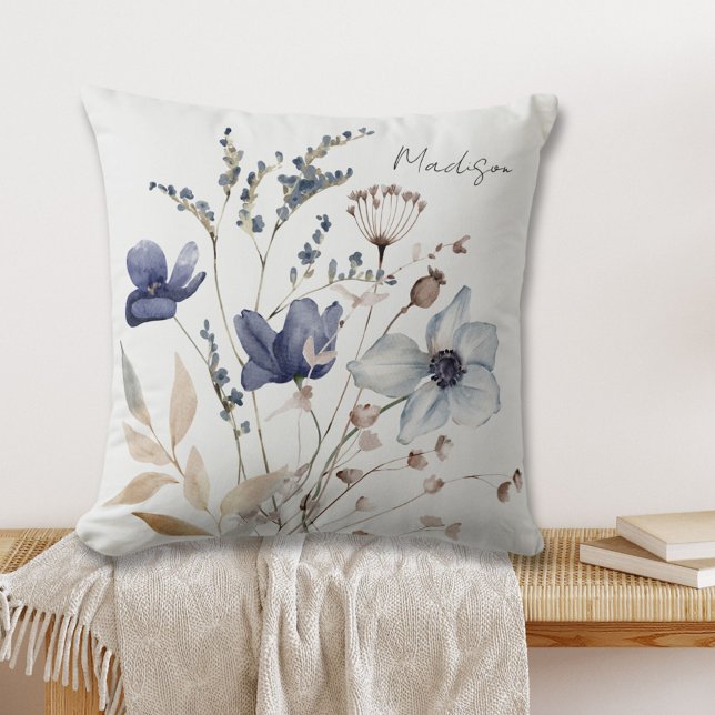 Monogrammed Elegant Chic Watercolor Blue Flower Cushion (In situ)
