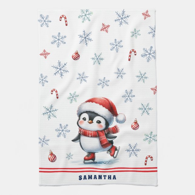 Monogrammed Elegant Christmas Ice Skating Penguin Tea Towel (Vertical)