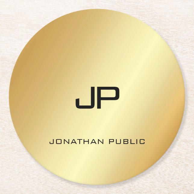 Monogrammed Elegant Faux Gold Modern Template Round Paper Coaster (Front)