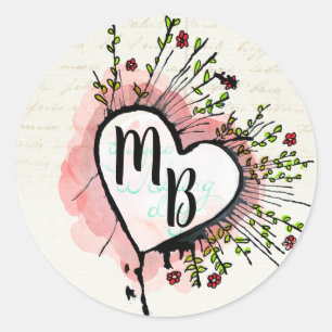 Monogrammed Elegant Heart with Flowers Classic Round Sticker