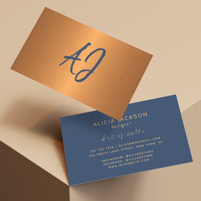 Monogrammed elegant metallic copper navy business card (Creator Uploaded)