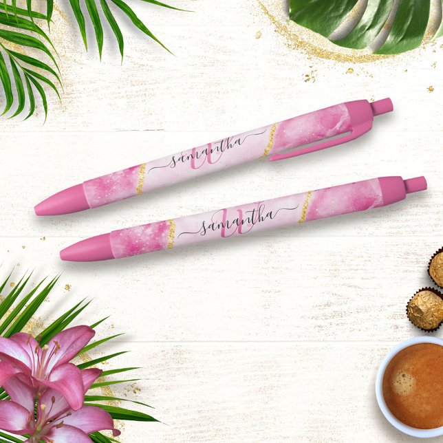 Monogrammed Elegant Modern Girly Glam Pink Marble Blue Ink Pen (Creator Uploaded)