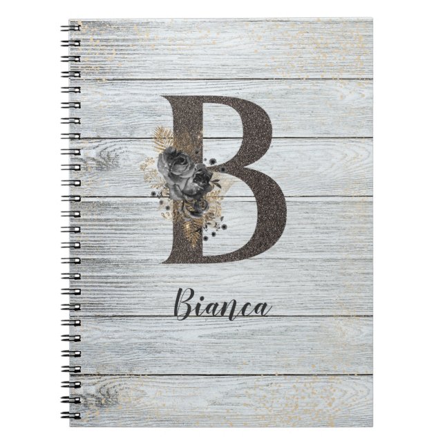 Monogrammed Elegant Modern Goth Black Rose B Notebook (Front)