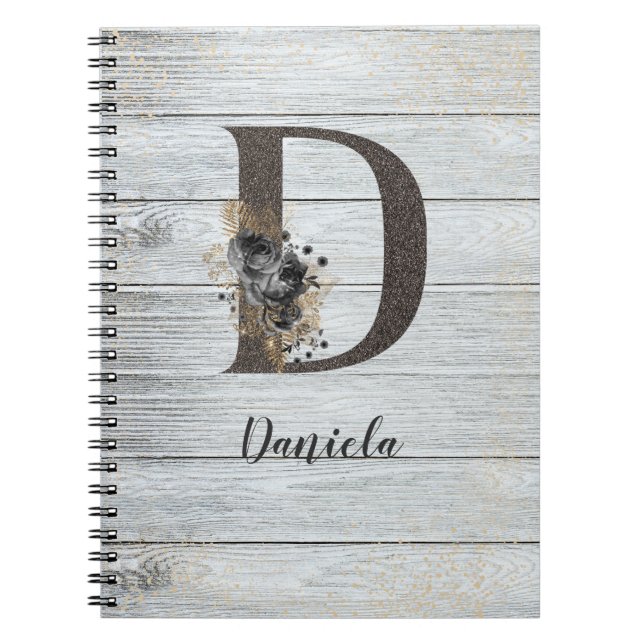 Monogrammed Elegant Modern Goth Black Rose D Notebook (Front)