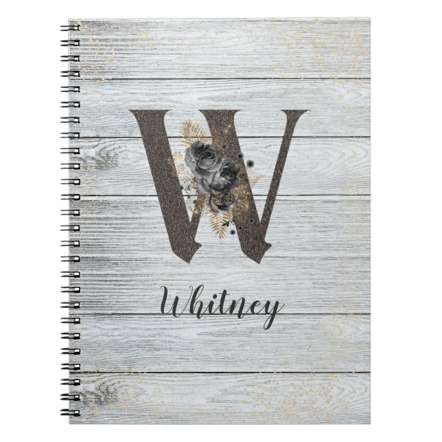 Monogrammed Elegant Modern Goth Black Rose W Notebook (Front)