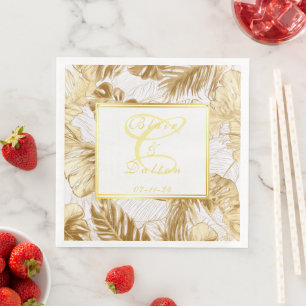 Monogrammed Elegant Monstera Gilded Gold Wedding Napkin