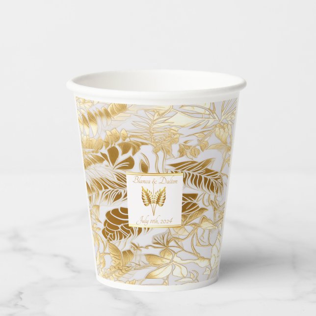 Monogrammed Elegant Monstera Gilded Gold Wedding  Paper Cups (Front)