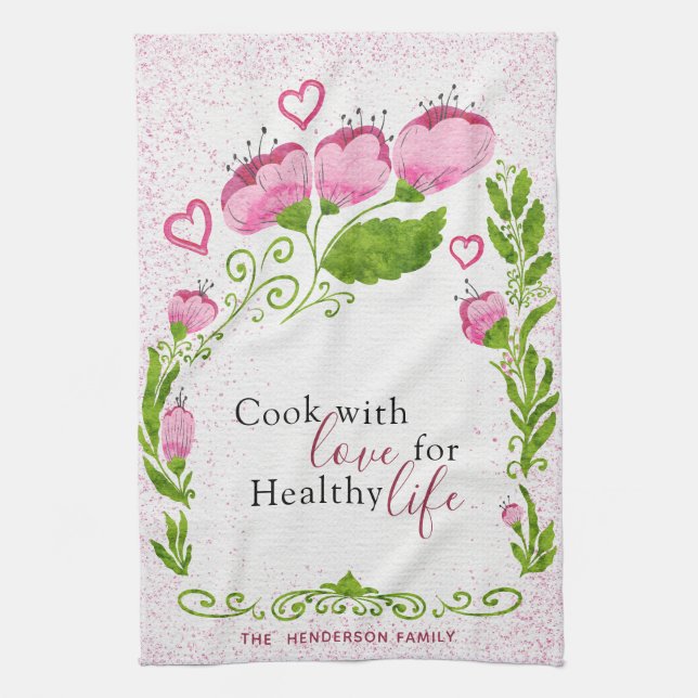 Monogrammed Elegant Motivational Pink Floral Tea Towel (Vertical)