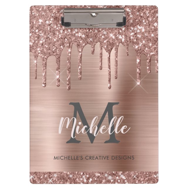 Monogrammed Elegant Pink Rose Gold Glitter Drips  Clipboard (Front)