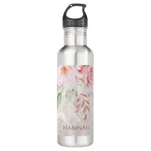 Monogrammed Elegant Pink Rose Peony Floral Marble 710 Ml Water Bottle