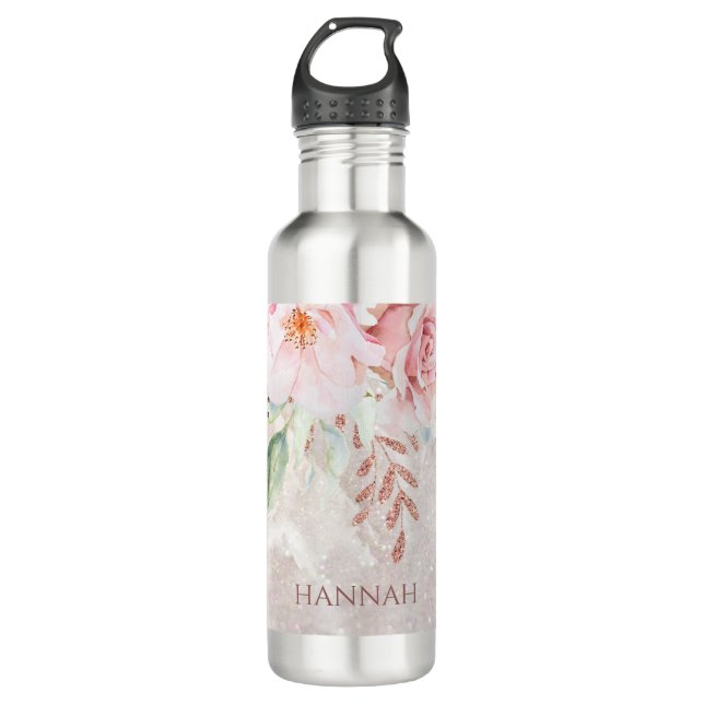 Monogrammed Elegant Pink Rose Peony Floral Marble 710 Ml Water Bottle (Front)