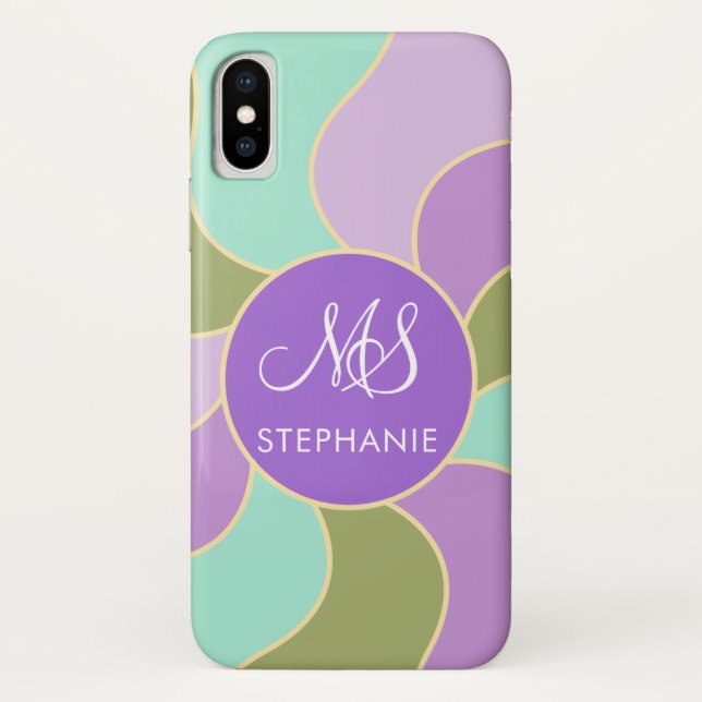 Monogrammed Elegant Purple Green Retro Sun Waves  Case-Mate iPhone Case (Back)