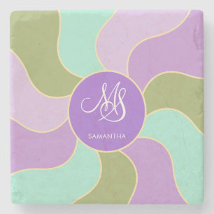 Monogrammed Elegant Purple Green Retro Sun Waves Stone Coaster