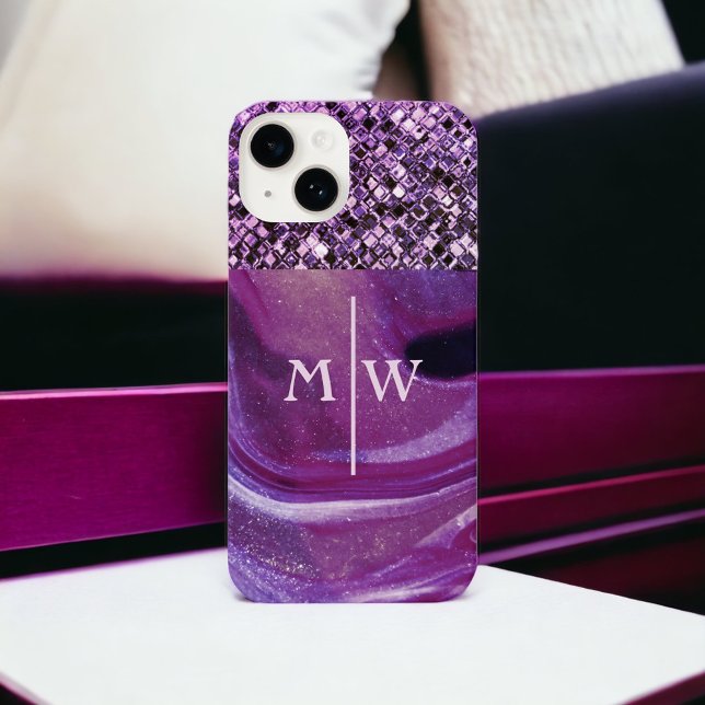 Monogrammed Elegant Purple Marble Glitter Luxury  iPhone Case (Creator Uploaded)