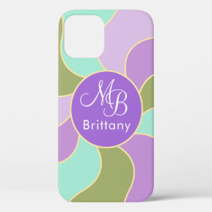 Monogrammed Elegant Purplish Retro Sun Waves iPhone 12 Case
