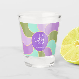 Monogrammed Elegant Retro Sun & Waves Purple Green Shot Glass